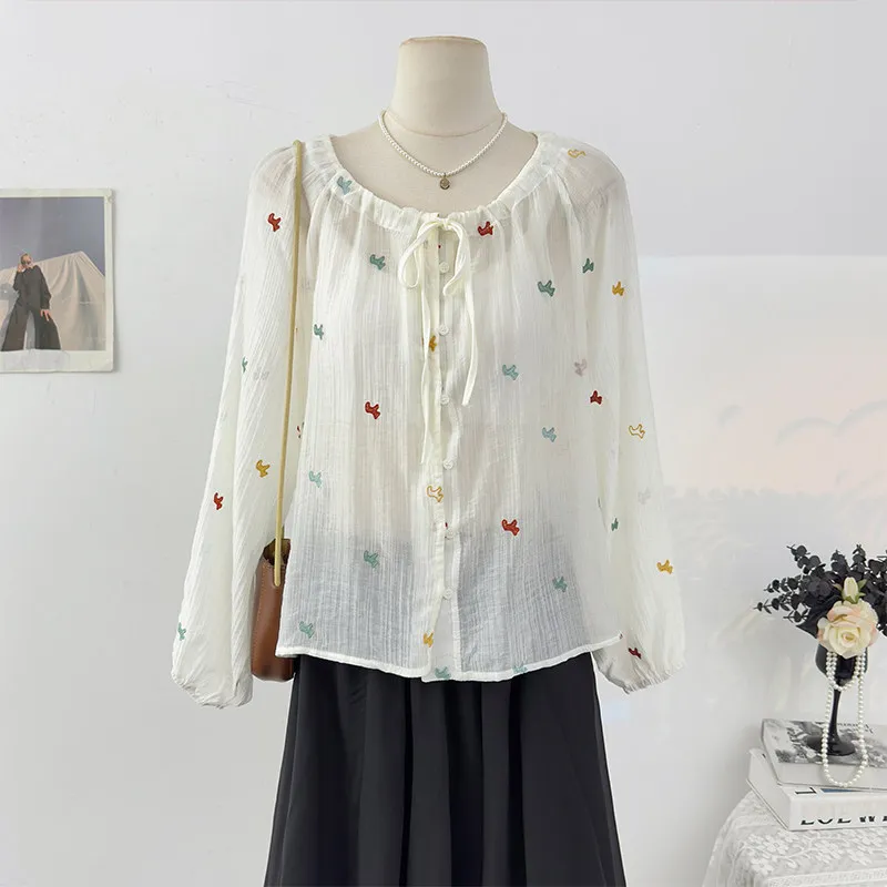 

Horse Embroidery Women' Shirt 2026 Spring New Sweet Style O-neck Long Sleeve Coats Cute Cartoon Loose Semi-transparent Tops