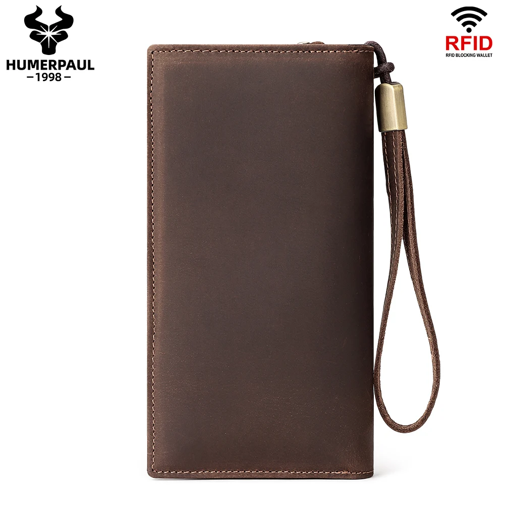 HUMERPAUL Full Grain Leather Wallet for Men Long Clutch with Cell Phone Pocket Multifunctional RFID Credit Card Holder Handbags