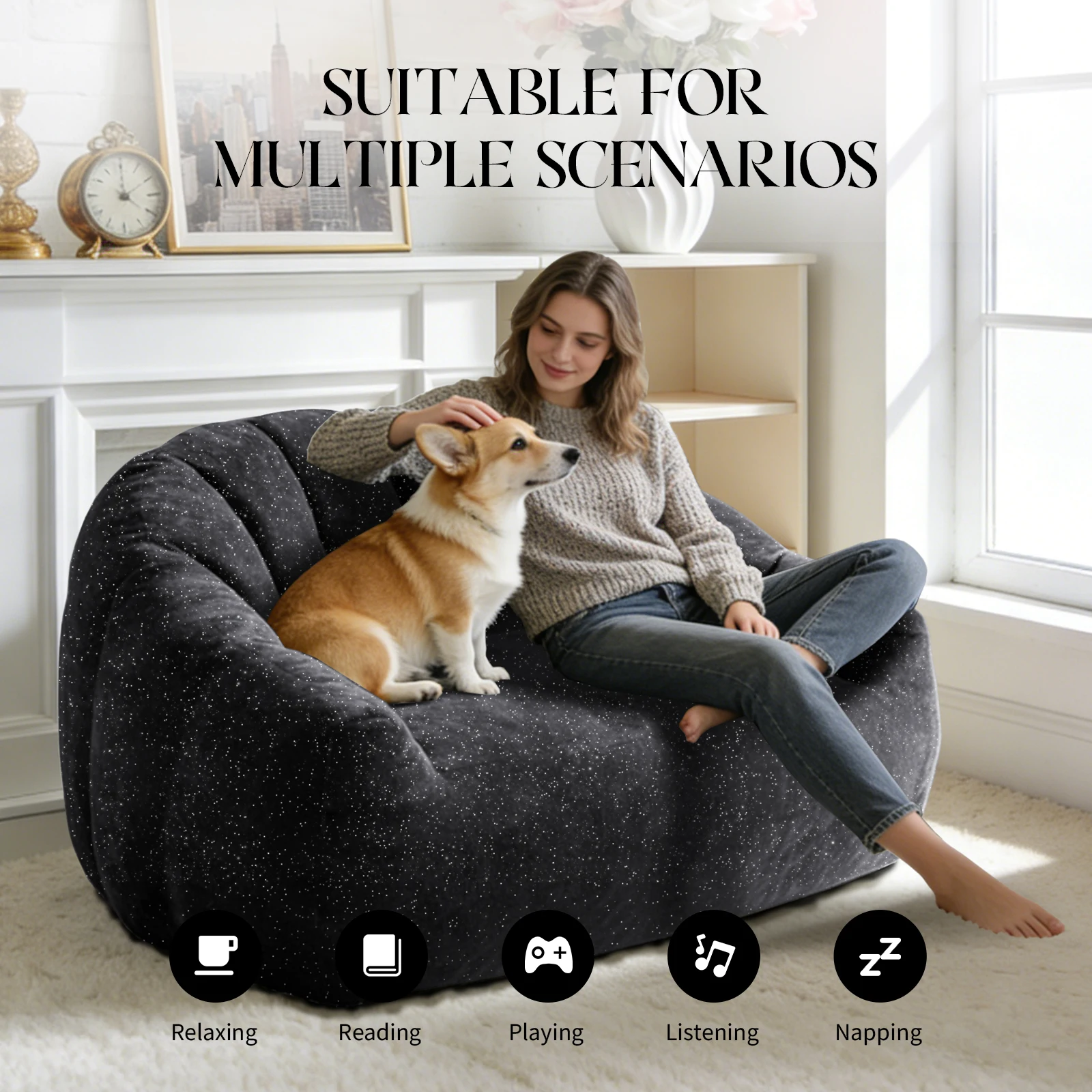 2-Seater Glitter Plush Bean Bag Chair, Tufted Sponge Vacuum Compressed, Pet Friendly Non-Slip Base Living Room Gaming
