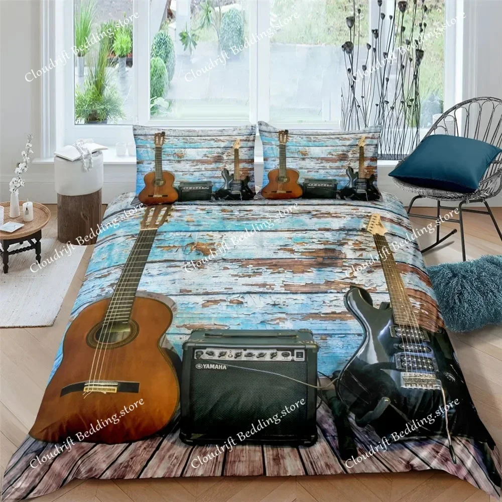 

Music Guitar Bedding Set King Queen Heavy Metal Punk Rock Duvet Cover for Teen Boy Musical Note Polyester Comforter Cover026