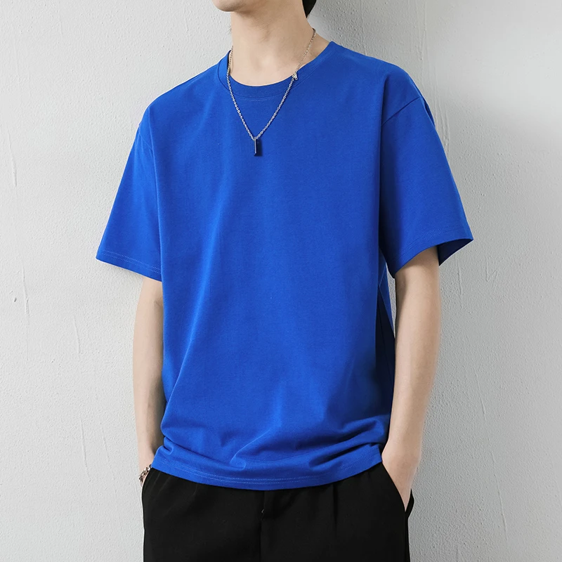 YJKVUR 2024 Summer New 230g 100% Cotton Fabric T-shirt Men High Quality Solid Color Drop Short Sleeve Loose Tshirt Oversize Tops