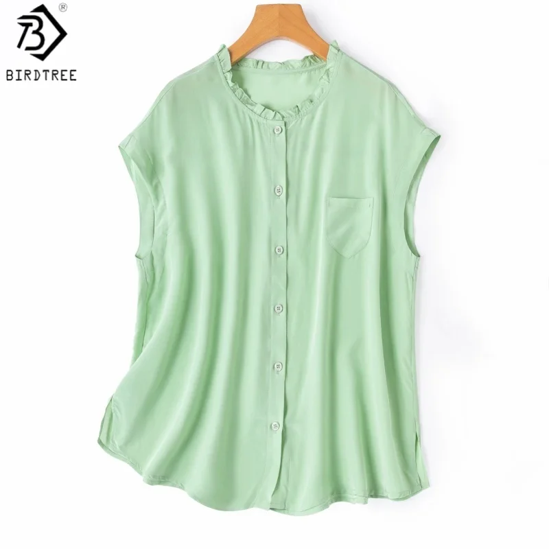 Birdtree, 100% Silk Tshirt, Raglan Sleeve Ruffle Neck Tops, Single Breasted, Women Double Crepe Shirt, 2026 Autumn New T68424JF