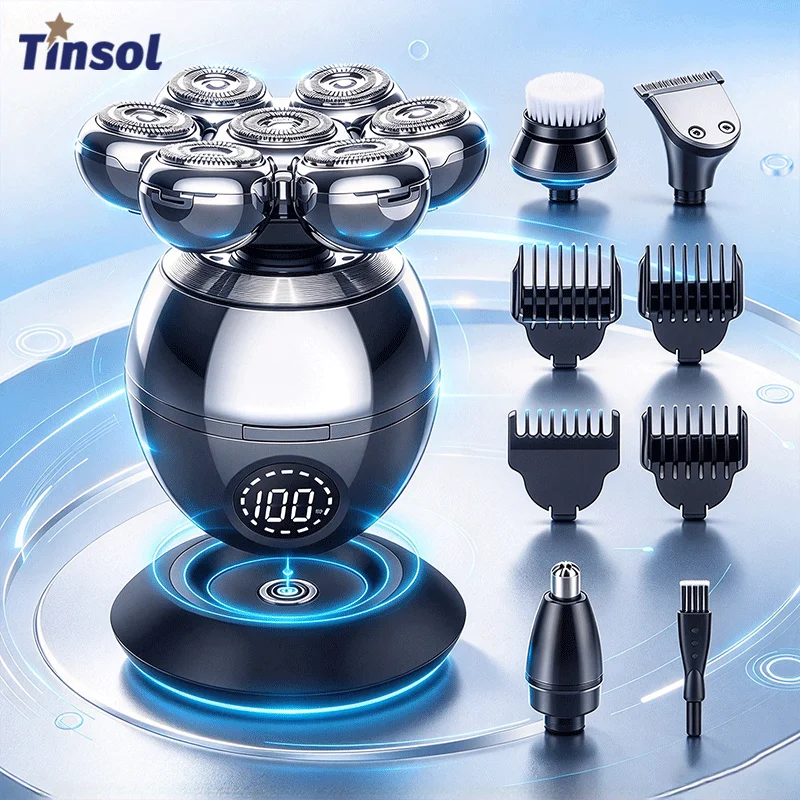 TINSOL 7D Floating Cutter Electric Shaver Head Base Charging Portable Men Beard Trimmer Clipper Skull Shaver Waterproof Shaving