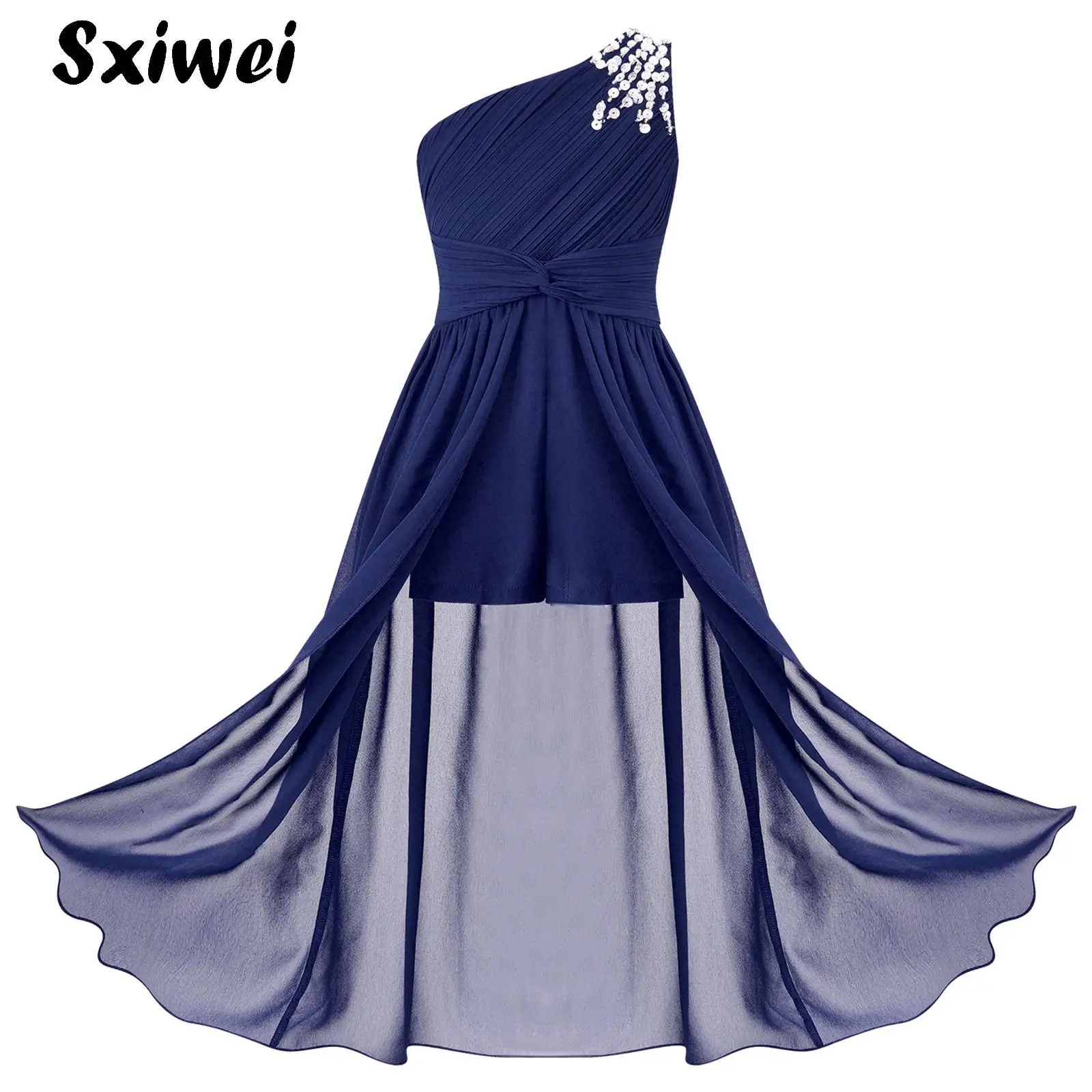 

Kids Flower Girls Summer Chiffon Princess Dress One Shoulder Elegant Ruched Chiffon Romper Dress Wedding Party Evening Prom Gown