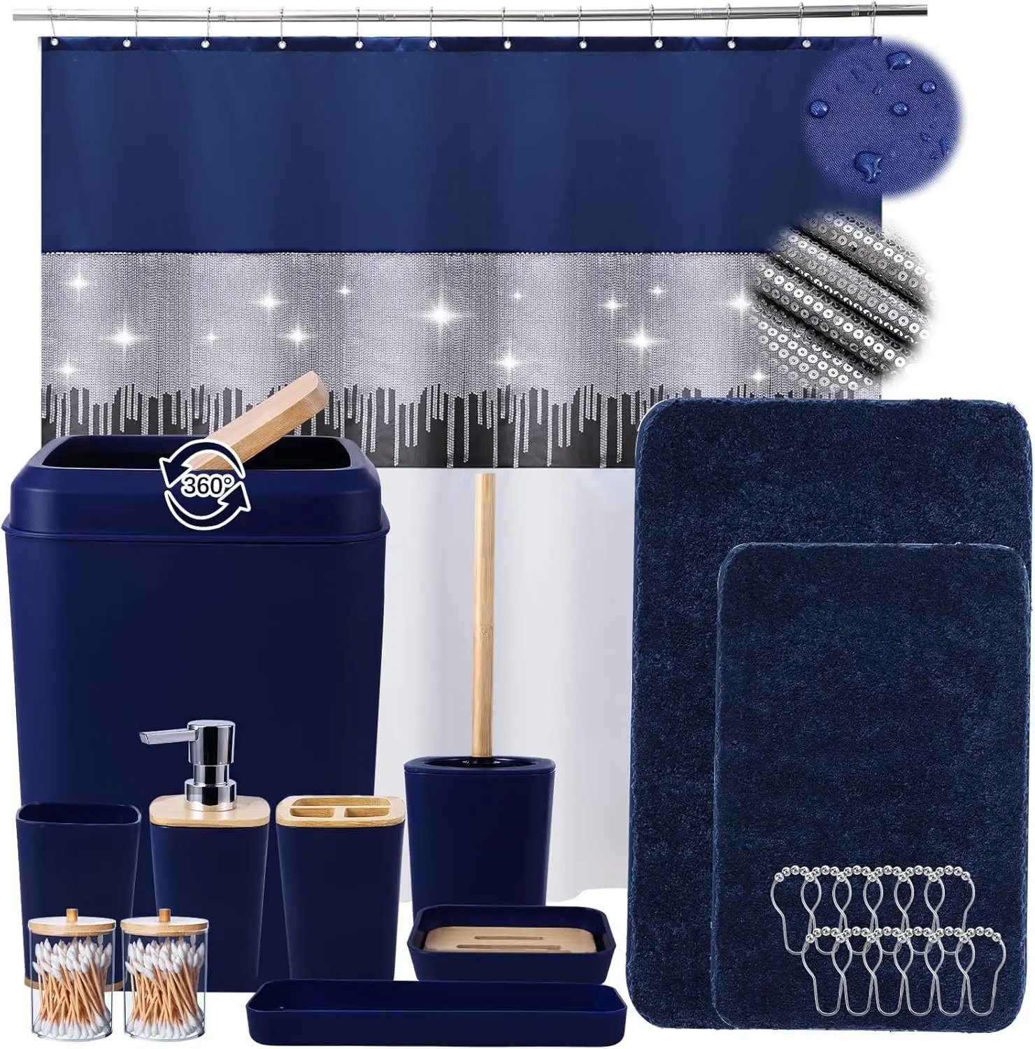 

24PCS Navy Blue Bathroom Sets with Shower Curtain, Rugs, and Trash Can - Complete Accessories for Modern Bathrooms