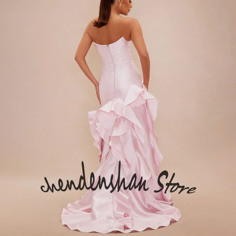 Moda rosa cetim feminino querida vestidos babados sereia vestido formal romântico 3d flor festa de formatura roupa