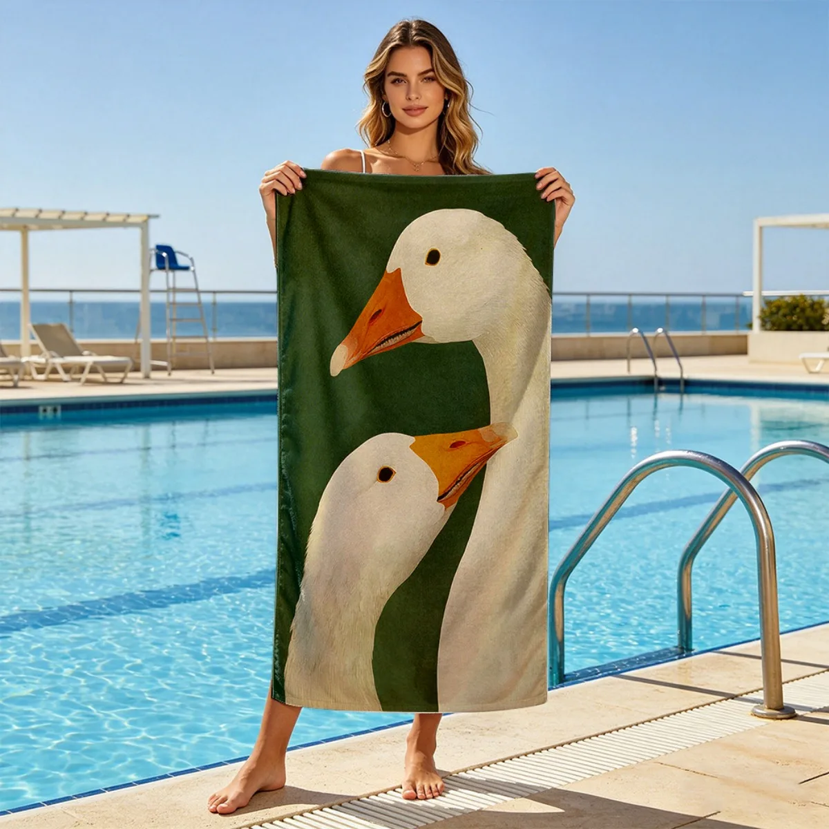 Realistic Bird Art Towel Bold Green Background Large Size for Pool Deck & Conservation Awareness Campaign