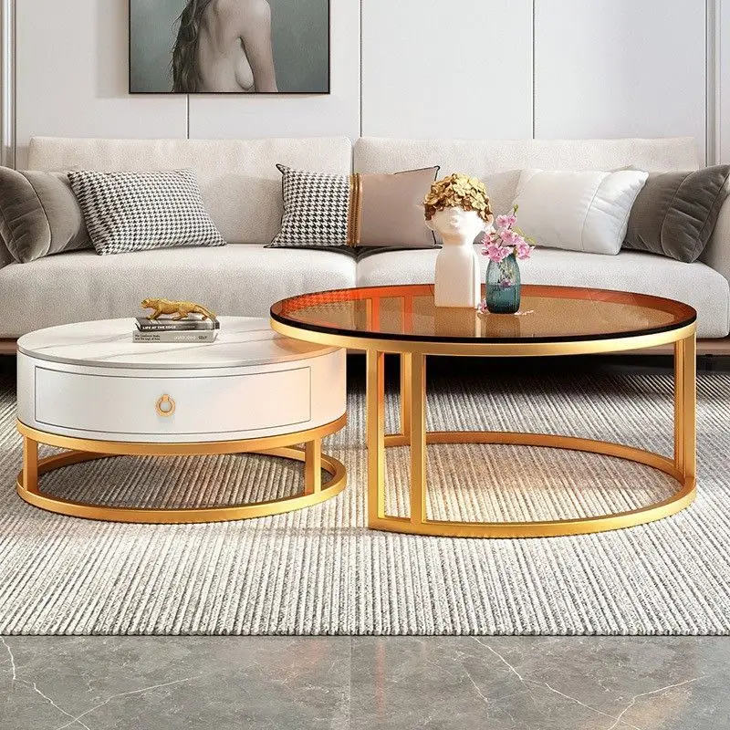 Modern style two-piece coffee table set with marble and glass surfaces