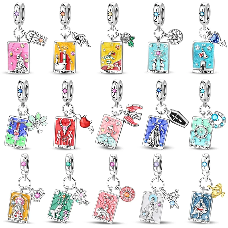 Hot 925 Sterling Silver Tarot Card Wheel of Fortune Stars and Moon Pendant beads Fits 3mm Bracelet ,  DIY Birthday Jewelry Gift
