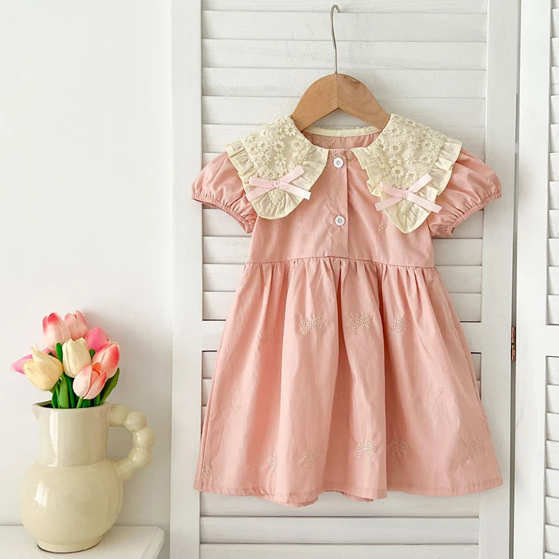 Summer Korean Baby Girl Dress 1-6Yrs Girls Green Dress Embroidery Version Children\'s Fresh Cute Princess Dress Stylish Bow Dress