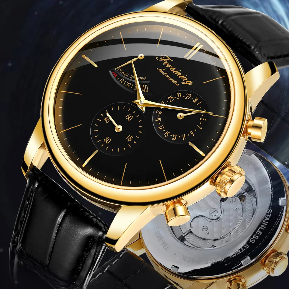 FORSINING Official Power Reserve Date Automatic Rare Men Watches Leather High Quality Elegant Male Mechanical Wristwatches reloj