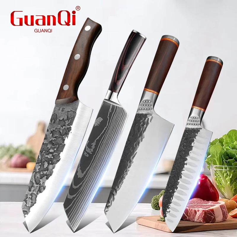 Hand Forged Chef Kitchen Knife Stainless Steel Wood Handle Multi‑Purpose Slicing Cleaver Knife for Meat Fruit Vegetable Cutting