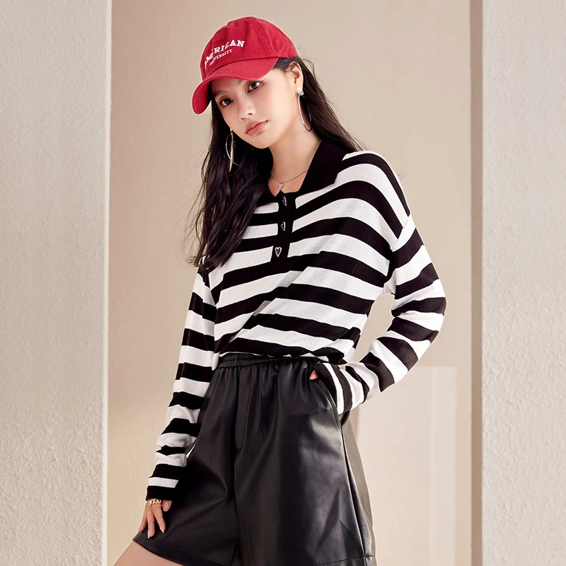 

Black White Stripe Knit Pullover Sweater Polo Collar Long Sleeve Loose Tops Autumn Winter Women Streetwear Trendy Knitwear B3036