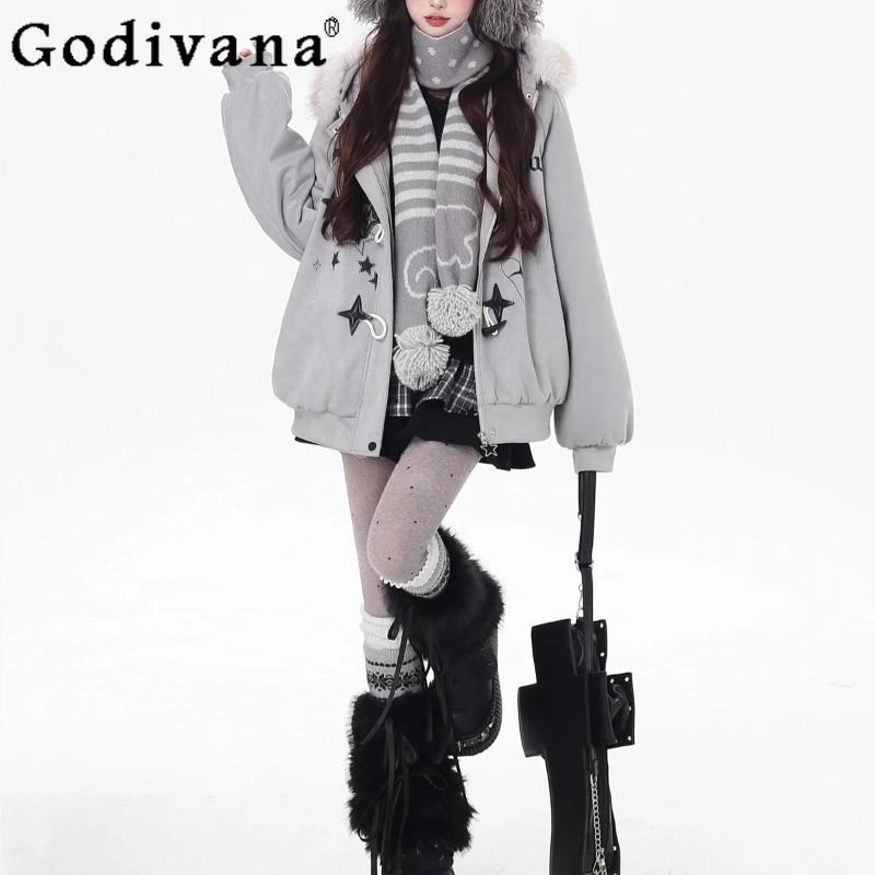 الشتاء القطن وسادة مبطنة المرأة الأصلي نجمة رسالة انفصال فضفاض سترات الإناث النمط الياباني فضفاض مقنعين سترة