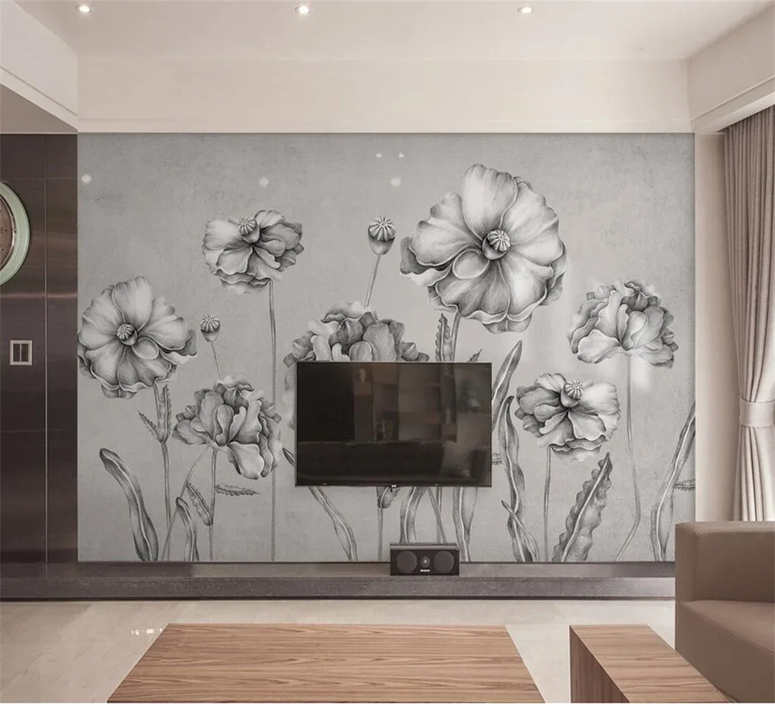 Custom size wallpaper black, white and grey hand-painted flowers flower mural home decoration living room bedroom 3D Wallpaper