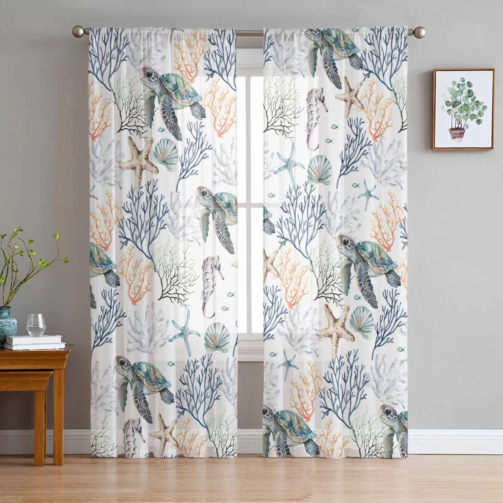 

Summer Ocean Turtle Coral Tulle Curtains for Living Room Bedroom Modern Chiffon Sheer Voile Kitchen Window Curtain