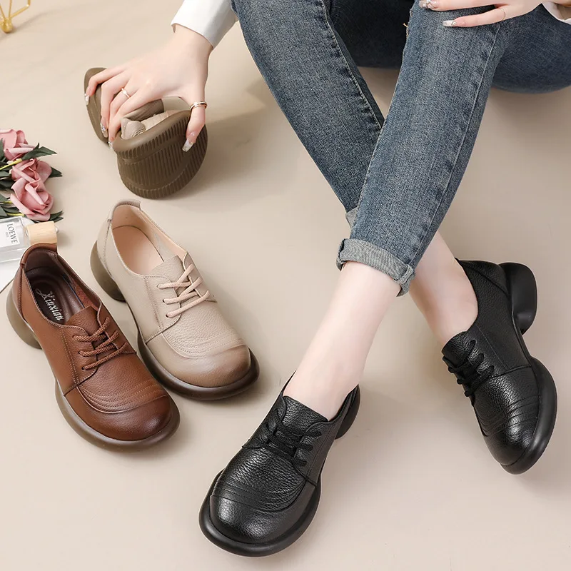 Casual Shoes Female Ladies Flats Vulcanized Shoes Genuine Leather Lace Up Flat Shoes Round Toe Classics Fashion Shoes For Woman