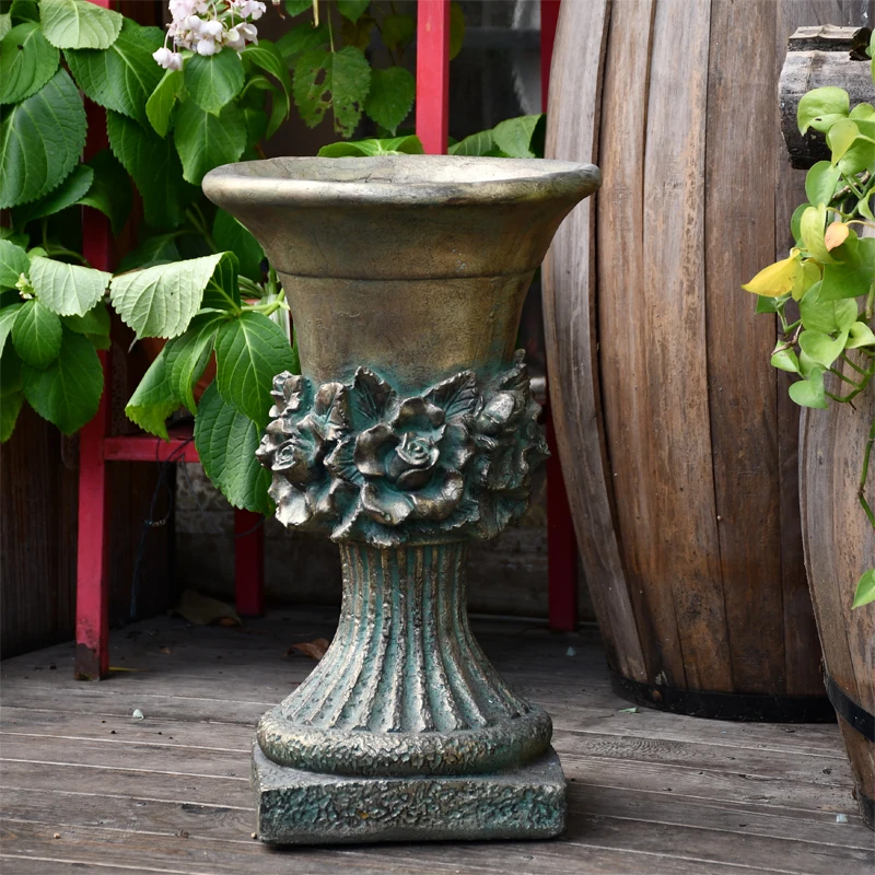 European Antique Gold Large Cement Vase Simulation Flower Set Decor Courtyard Park Furnishings Crafts Garden Ornament Decoration