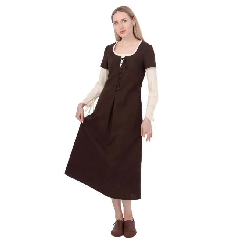 

DAZCOS Medieval Linen Dress Renaissance Fake Two Piece Dress Peasant Costume for Women From the Commoner Class In the Middle Age