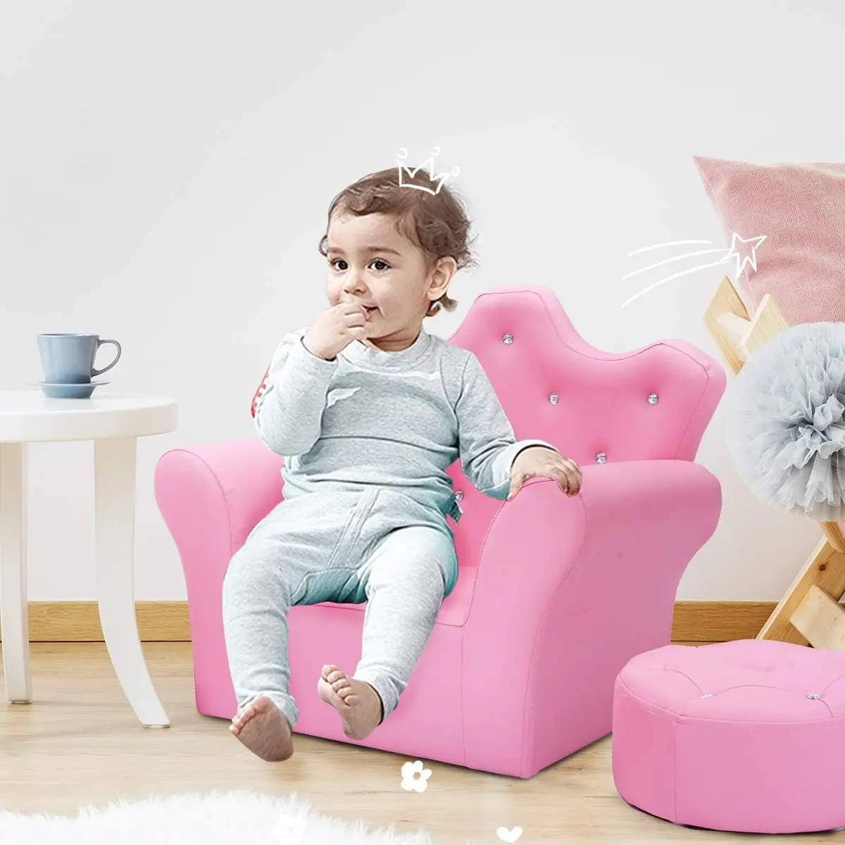 Kids Sofa, Children Upholstered Sofa with Ottoman, Princess Sofa with Diamond Decoration, Smooth PVC Leather Toddler Chair, Kids