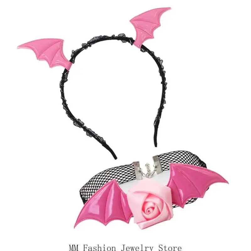 D0ub Devil Bat Hoofdband Bloem Lace Choker Set Demonen Kostuum Accessoires Dolls Toy Carnivals Halloween Cosplay Party Props