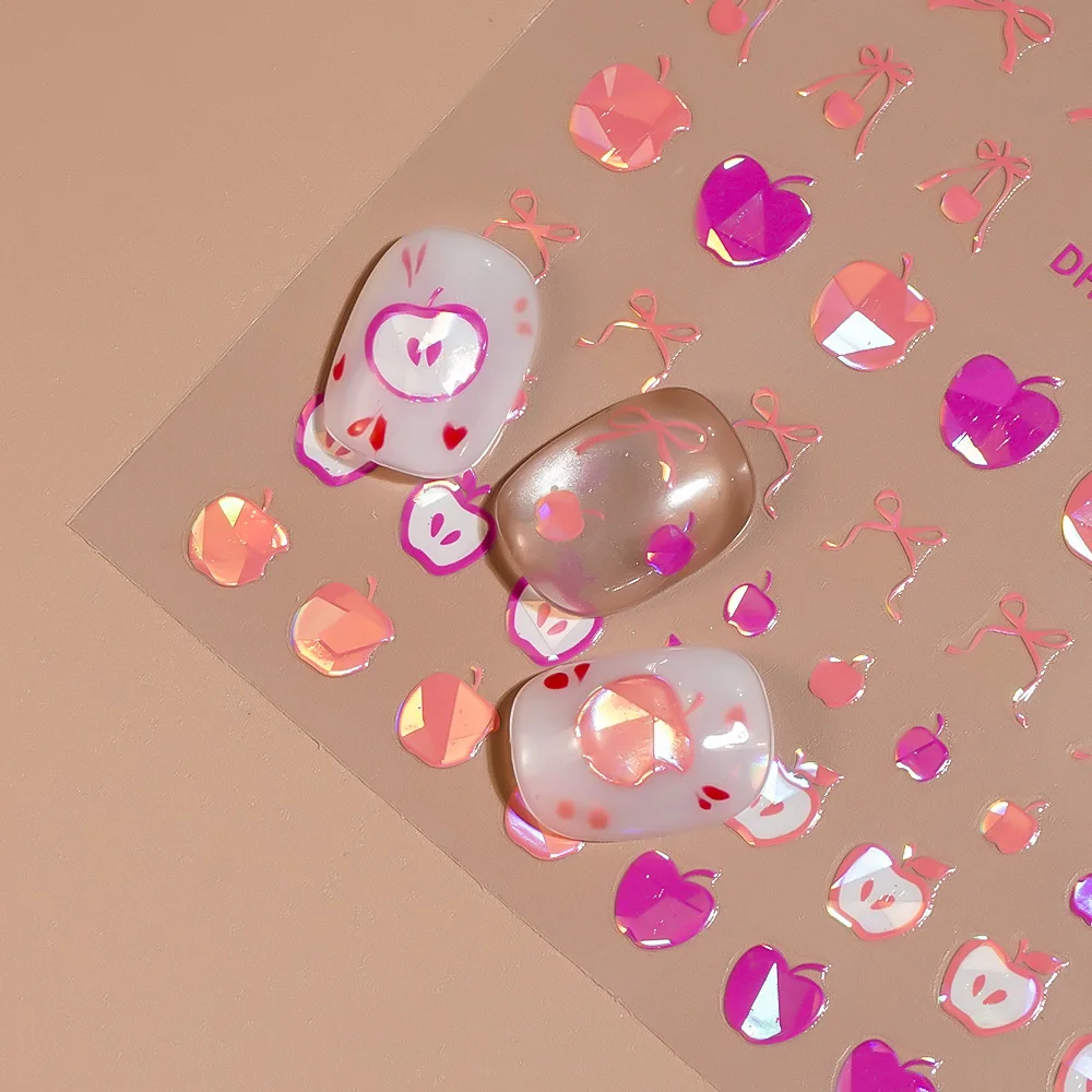 1/5/10 Uds. Pegatinas planas 3D para uñas con lazo de cereza y fruta, pegatinas ligeras para decoración de uñas DIY