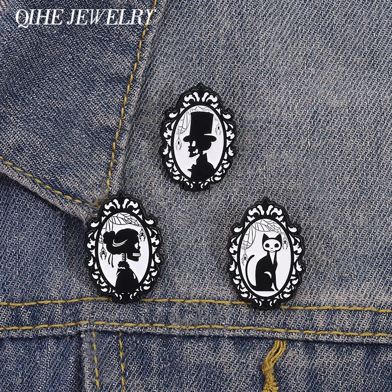 Punk Schwarze Katze Skelett Bild Brosche Emaille Pins Horror Halloween Metall Broschen Dekorieren Rucksack Revers Abzeichen Schmuck Geschenke