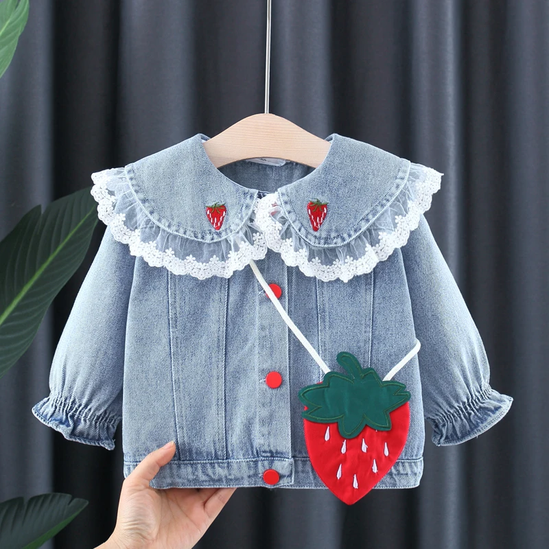 Cute Baby Girls Denim Jacket New Kids Spring Autumn Lace Collar Princess Jacket Coat With Strawberry Bag Children Outerwear