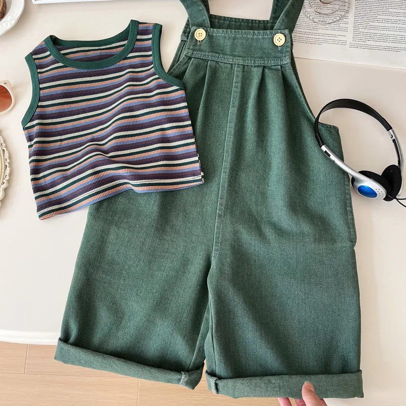 

Children Fashionable Stylish Denim Suit2024Summer New Boys and Girls StripesTTwo-Piece Suspender Pants