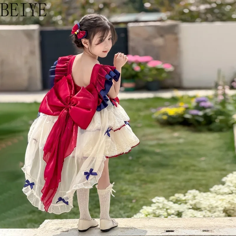 

Toddler Girl Snow White Lolita Dress Ruffle Lace Tail Princess Gown Kids Halloween Cosplay Birthday Party Formal Dress with Bow