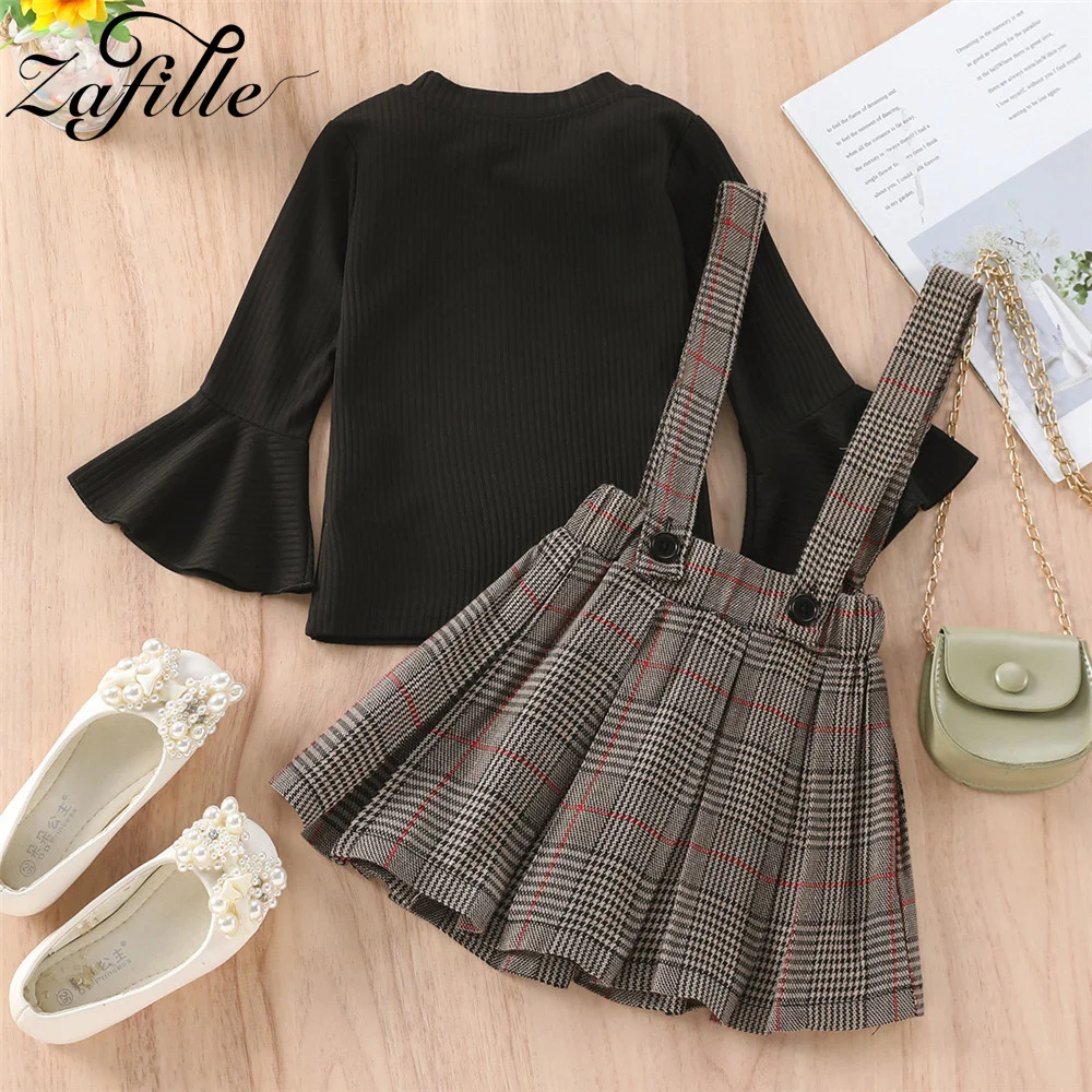 ZAFILLE 1-7Y Spring Autumn Toddler Girls Clothes Set Flare Sleeve Top+Bow Strap Skirt Children Girls Outwear Lovely Baby Suits