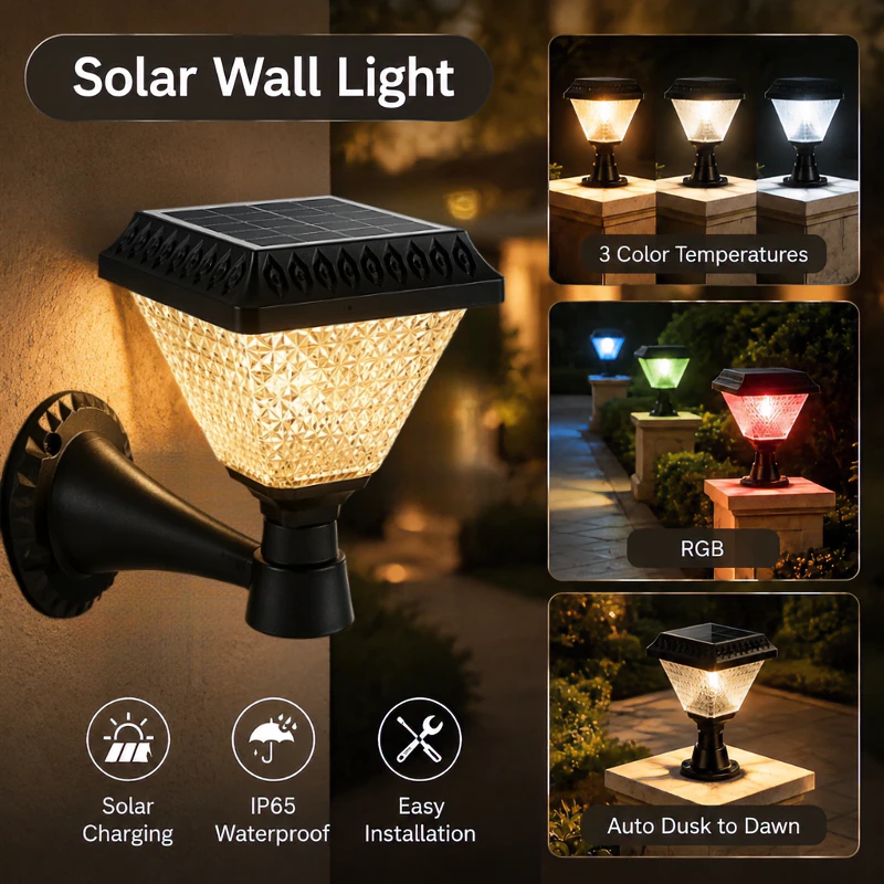 Outdoor Solar Wall Lamp 3 Color RGB Solar Post Light IP65 Waterproof Timing Auto Dusk To Dawn Patio Garden Fence Pillar Lamp