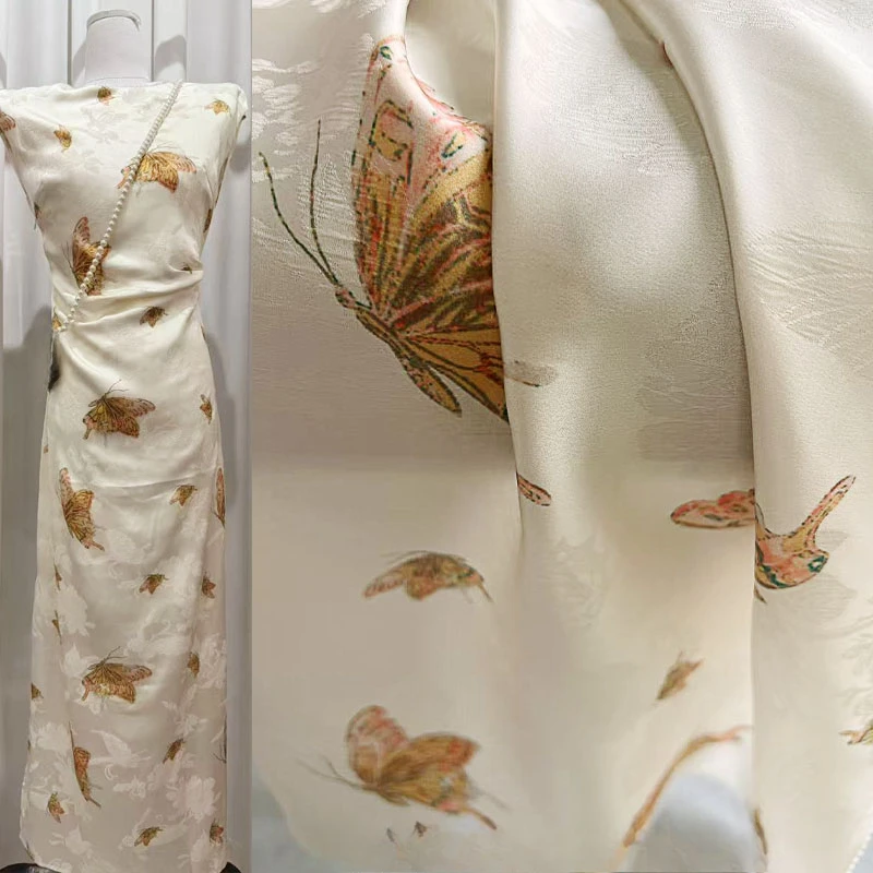 

Colorful Butterfly Jacquard Satin Fabric New Traditional Style Breathable Anti Wrinkle Cheongsam Hanfu Blouse Designer
