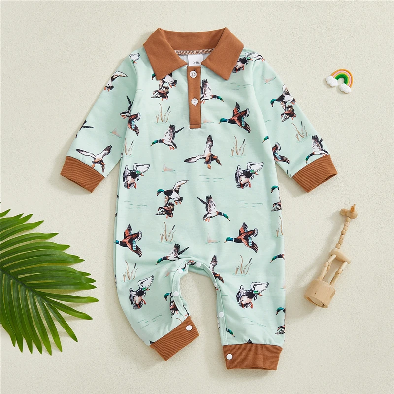 الوليد طفل الفتيات الفتيان الخريف رومبير تحلق بطة طباعة زر متابعة رفض طوق طويلة الأكمام بذلة الرضع #3