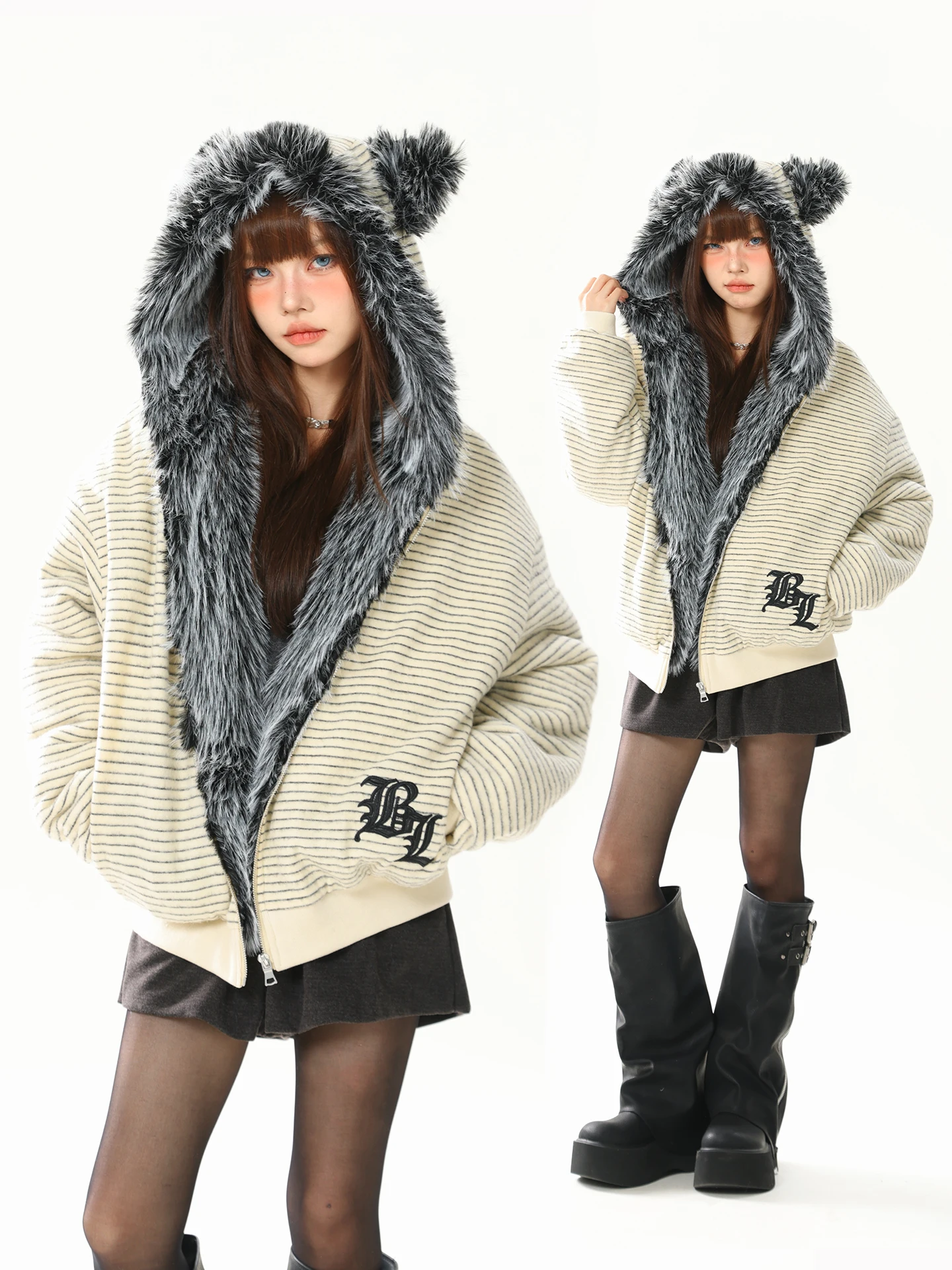 

AONW American Retro Hooded Striped Fur Collar Eagle Jaet Women's Cotton New Autumn Winter Coat Street Sle Loose Fit Zipper