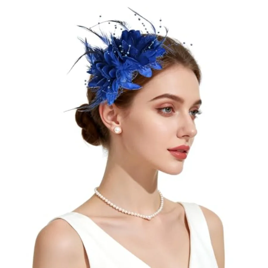 Womens Fascinators Hats Tea Party Hats for Women, Feather Pearl Headband for Wedding Cocktail Dresses Accessories