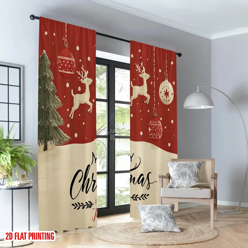 2 قطعة 2D الطباعة المسطحة عيد الميلاد الستائر الساخنة عيد الميلاد الرنة سنو غلوب شجرة الرقمية المطبوعة البوليستر الستائر الأسرة الطرف #4