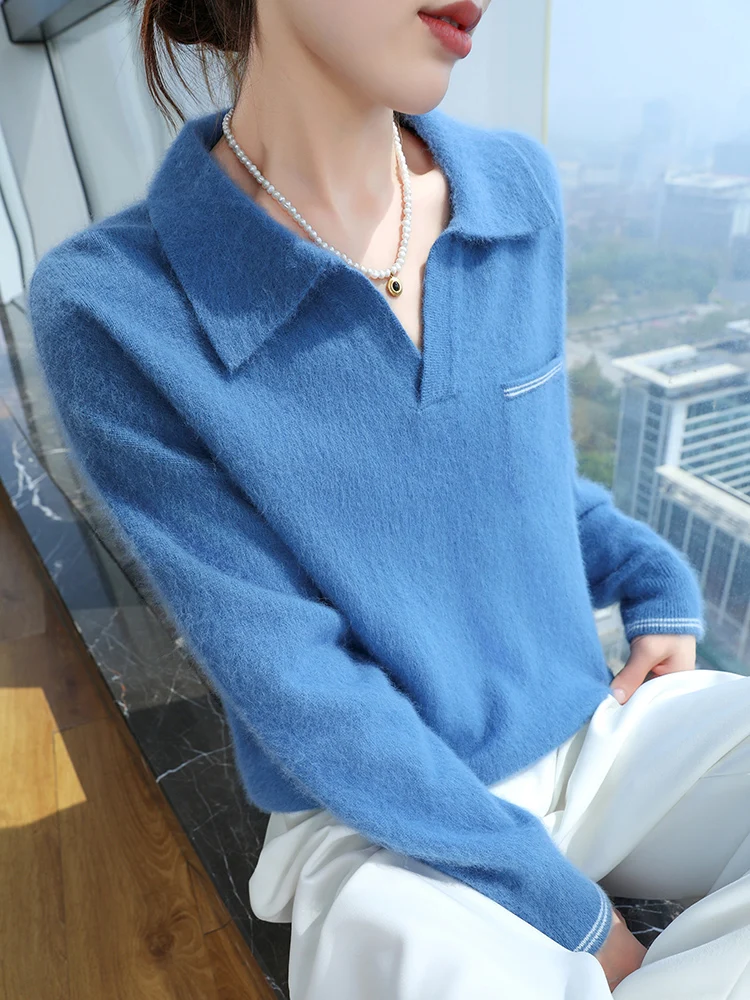 100% 밍크 캐시미어 여성 폴로 칼라 풀오버 부드러운 따뜻함 가을 겨울 캐주얼 패션 니트 롱 벨벳 스웨터