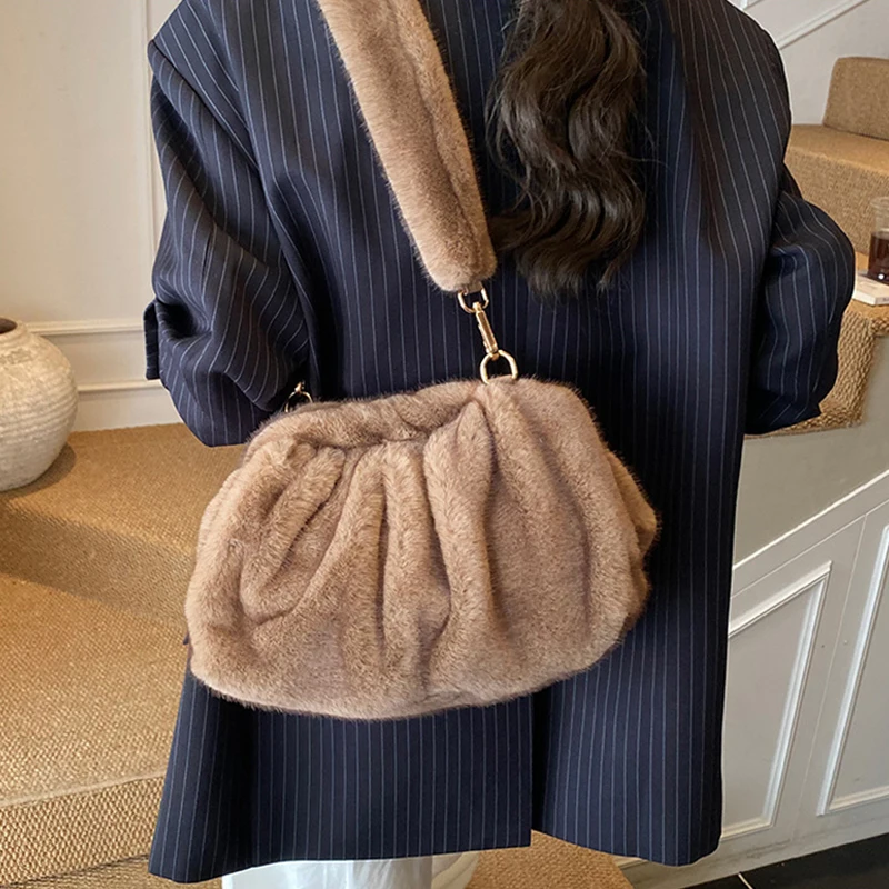 Mode Weiche Plüsch Hobo Taschen für Frauen Designer Flauschigen Faux Pelz Dame Handtasche Luxus Kupplung Tasche Weibliche Winter Shell Umhängetasche