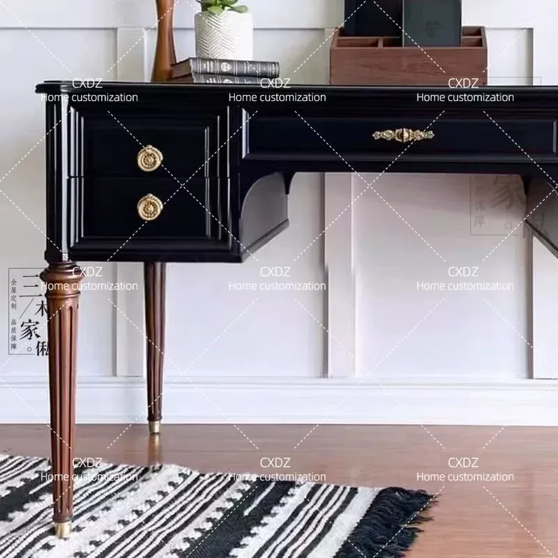 Retro Carved Solid Wood Desk Modern Minimalist Black Birch Writing Table Computer Workstation for Home Office Study