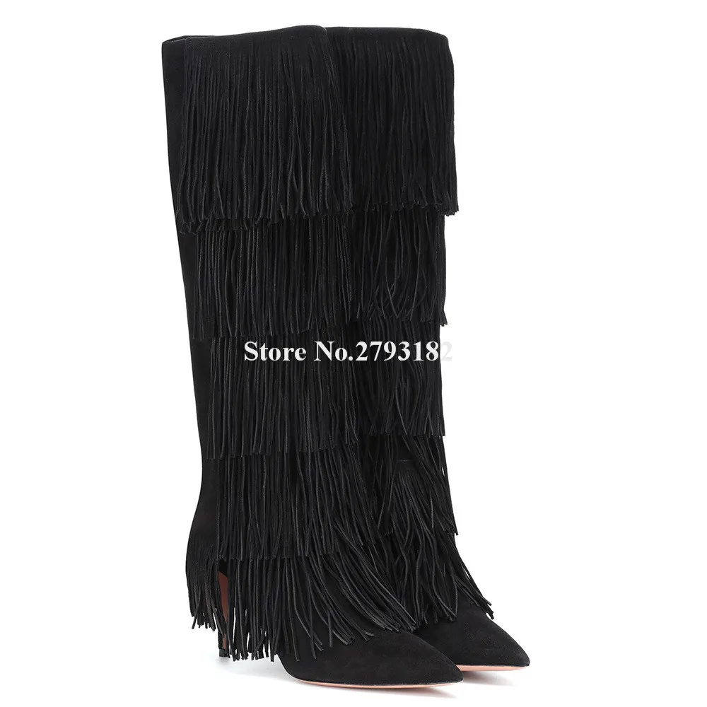 Black Suede Tassels Long Boots Newest Women Winter Charming Pointed Toe Suede Knee High Fringes Stiletto Heel Boots Big Size