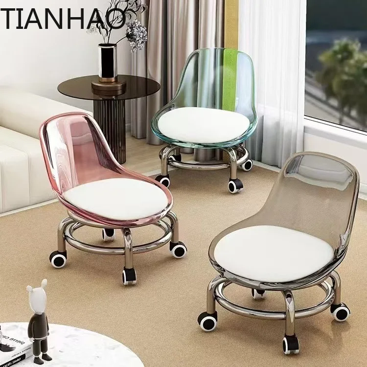 Electroplated Steel Frame Low Stool, Backrest Stool Chair with 360° Rotation & Sliding Stool,Household Low Shoe Changing Stool