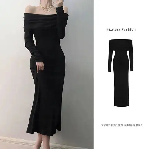 Elegant Off Shoulder Maxiklänning Bodycon Tröja Enfärgad Långärmad Stickad Festklänningar 10 best sales maxiklänning med bodycon-mönster - №10