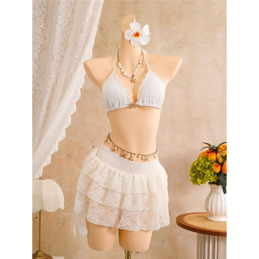 Mit Rüschenrock, Neckholder-Bikini, Damen-Badeanzug, dreiteiliges Bikini-Set, gepolsterter Badeanzug, Badebekleidung, Badeanzug V8400 – Detail 16