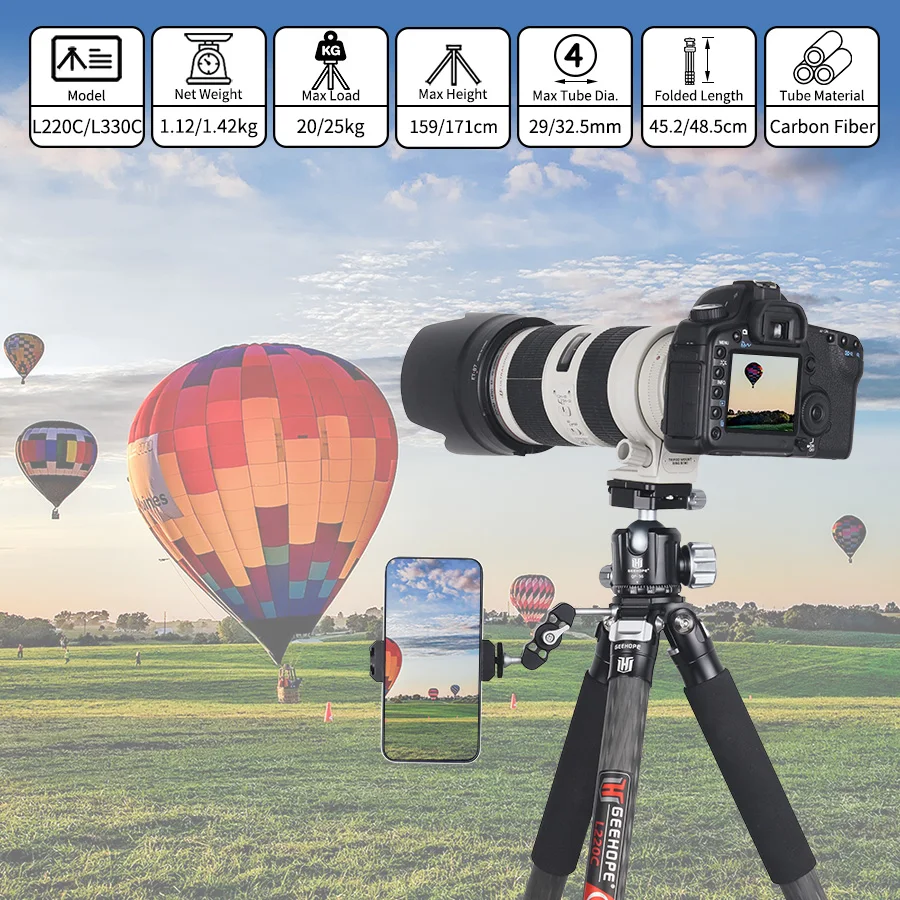 GEEHOPE L220C/L330C Compact Carbon Fiber Tripod Professional Camera Stand for DSLR Video Camcorder Load 25kg add Center Column