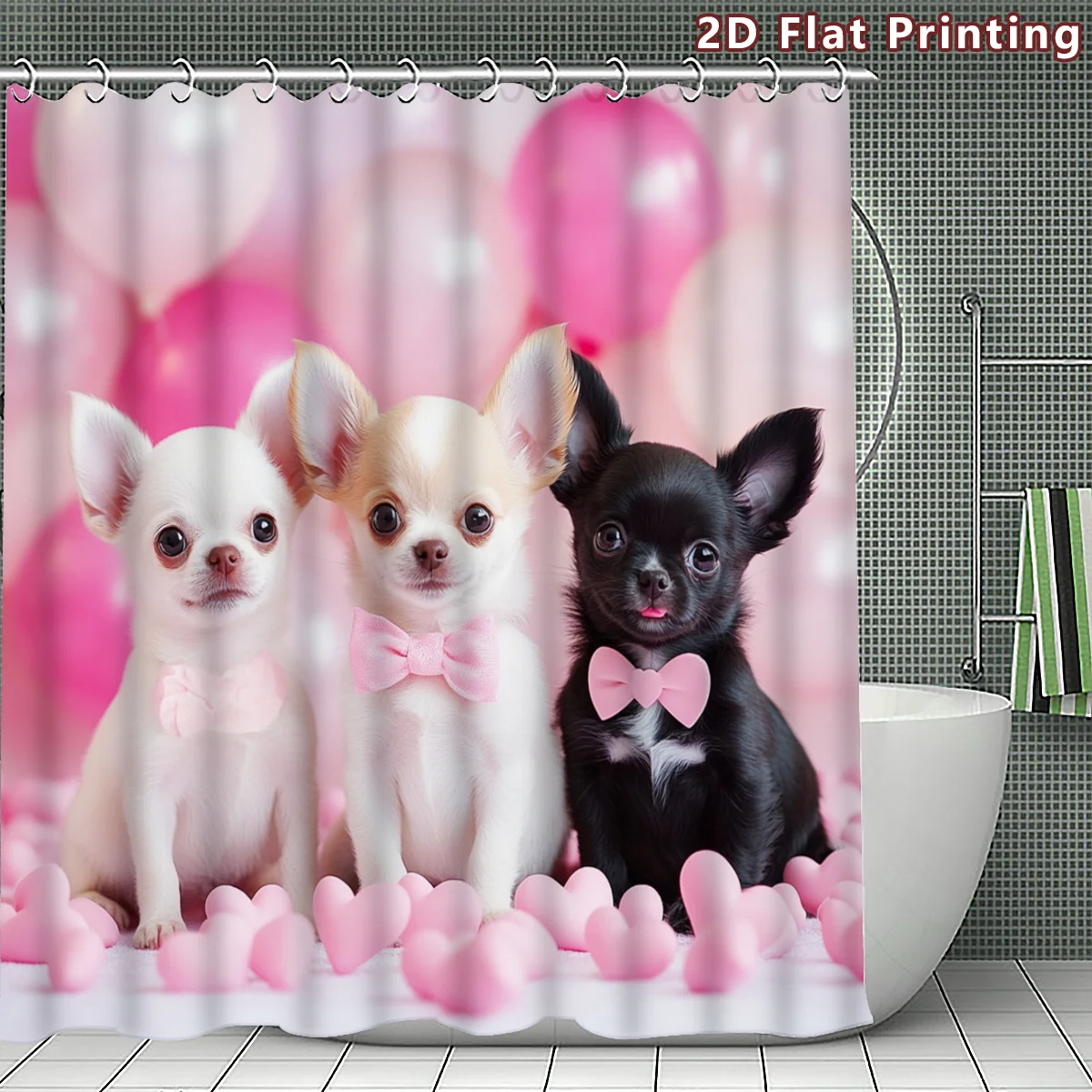 Cute Puppy Family Shower Curtain Bathroom Decor Pet Lover Gift Pink Background Dog Art