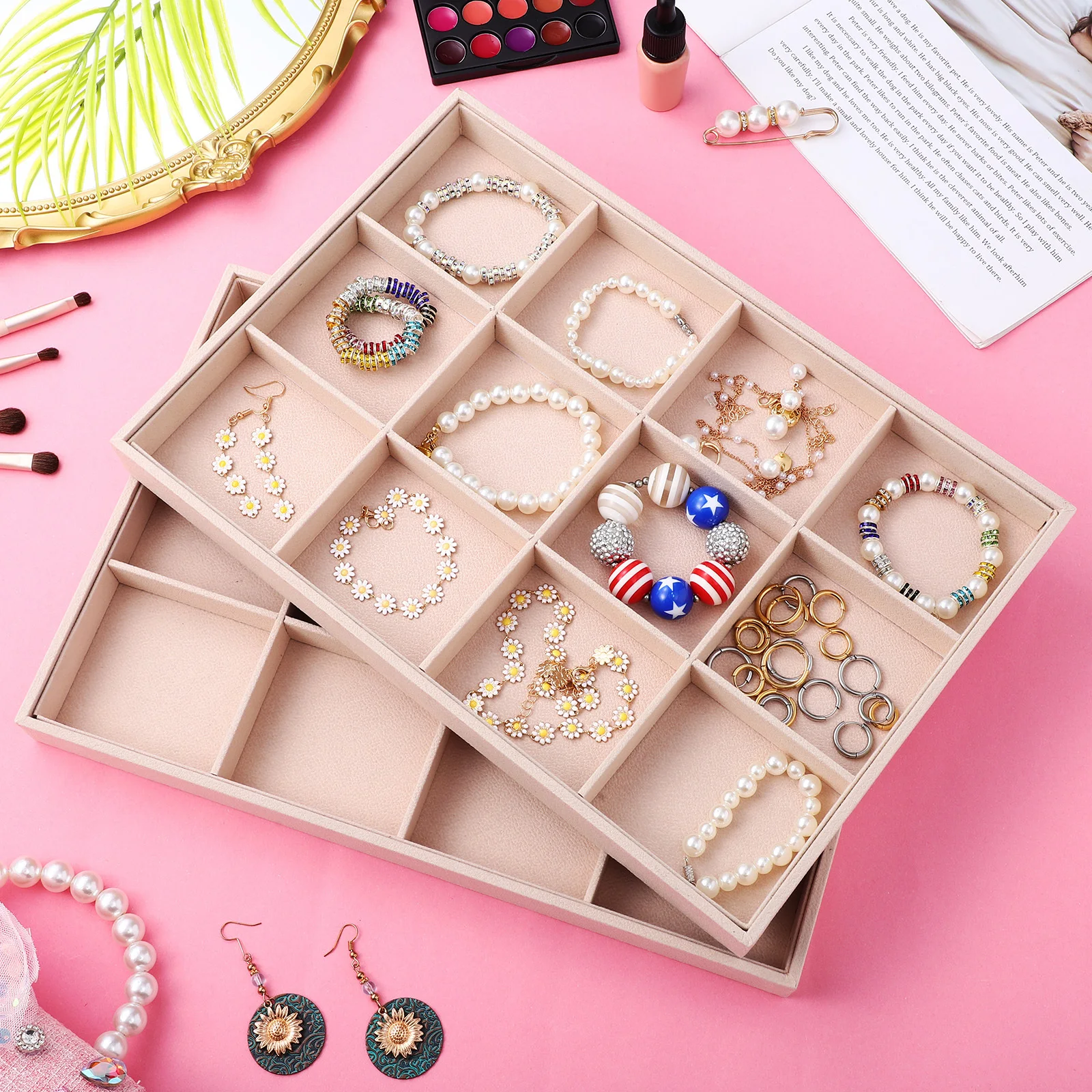 

2pcs Jewelry Organizer Tray Compartment Ring Holder Drawer Inserts Stackable Display Stand For Selling Household Storage