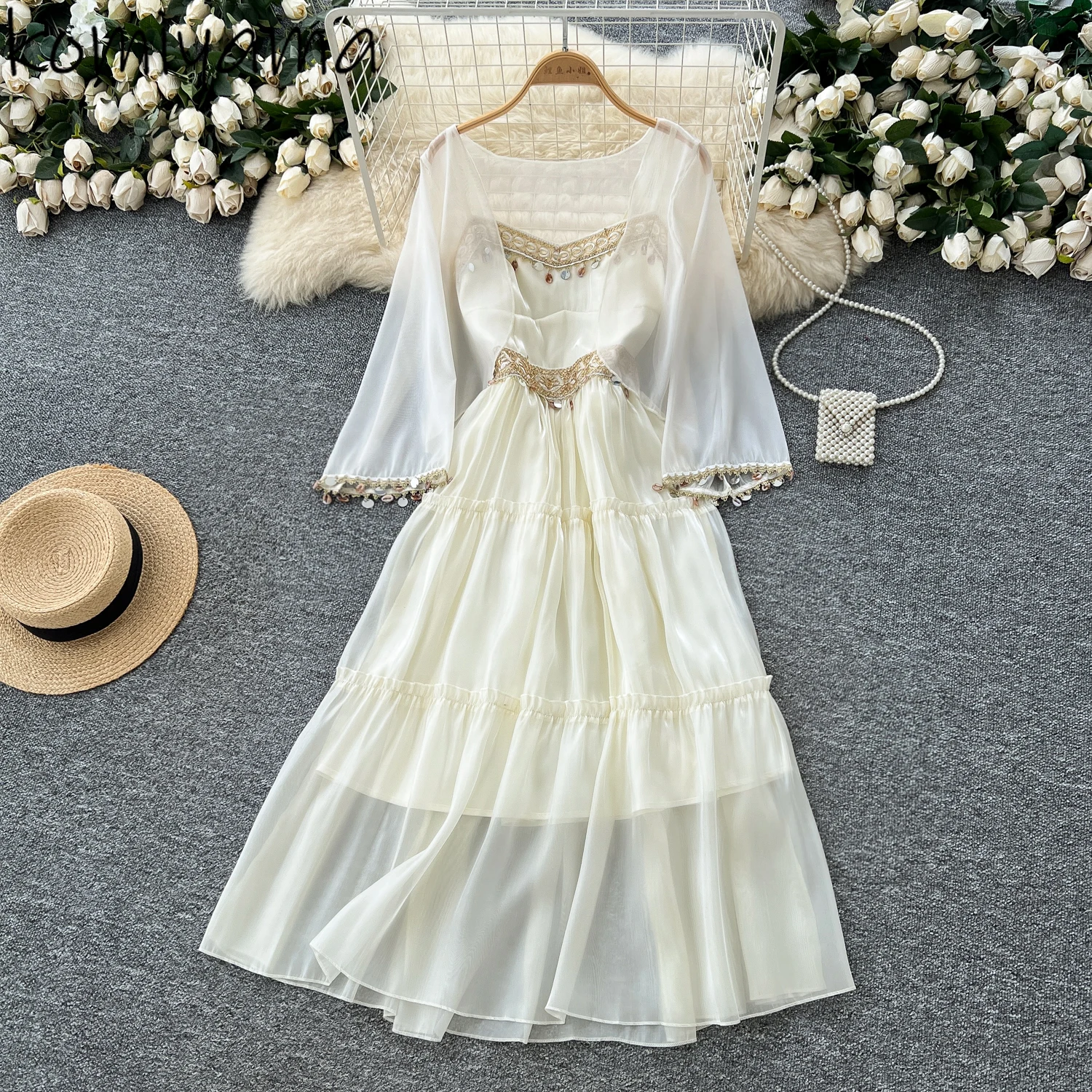 

Holiday Woman 2025 New Sets Sequin Tassel Tunic Mesh Pleated Strap Dress V-neck Long Sleeve Tops Summer Autumn Beach Suit