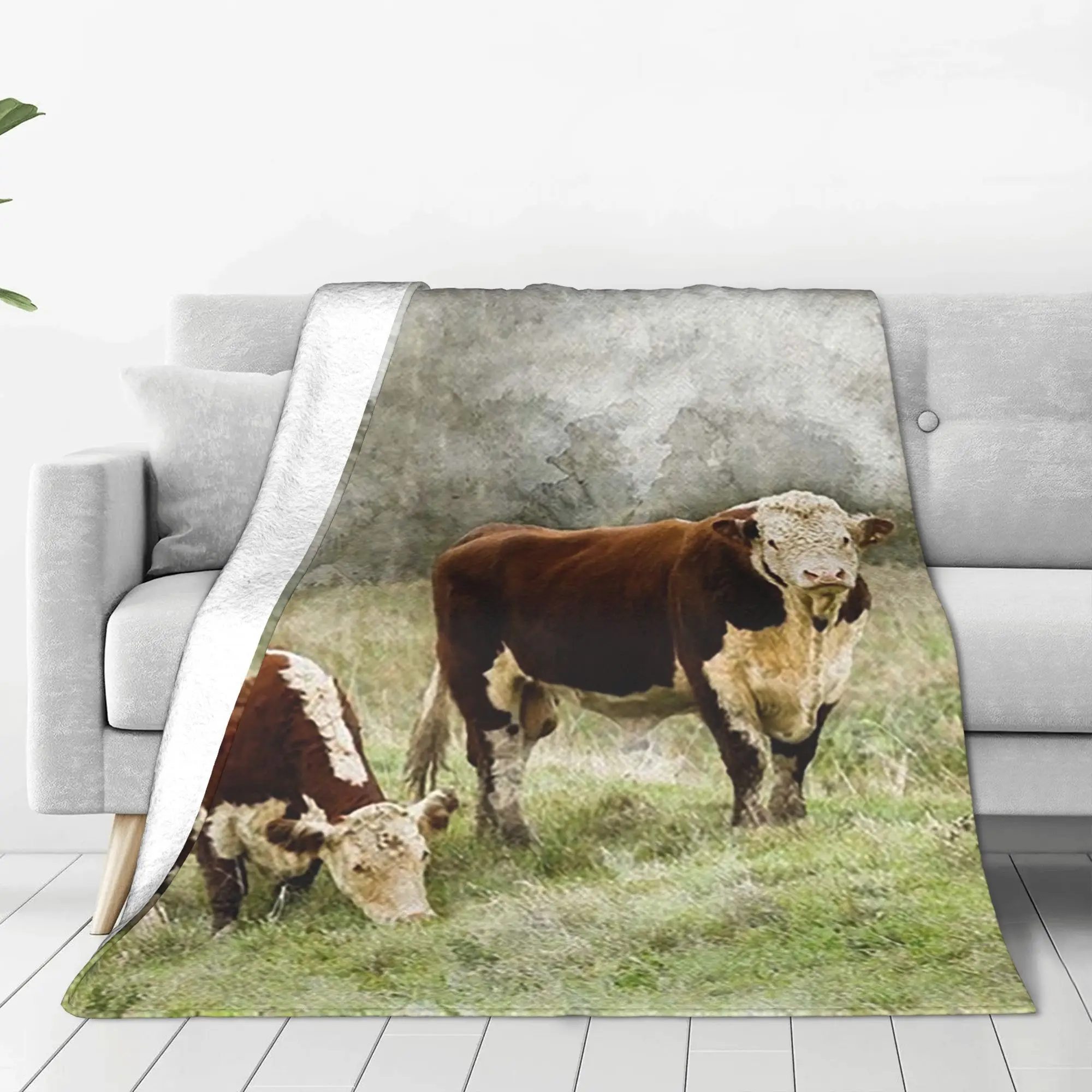 Hereford touro e vaca aquarela fotografia cobertor velo sofá lance cobertor para casa quarto viagem lança colcha colcha