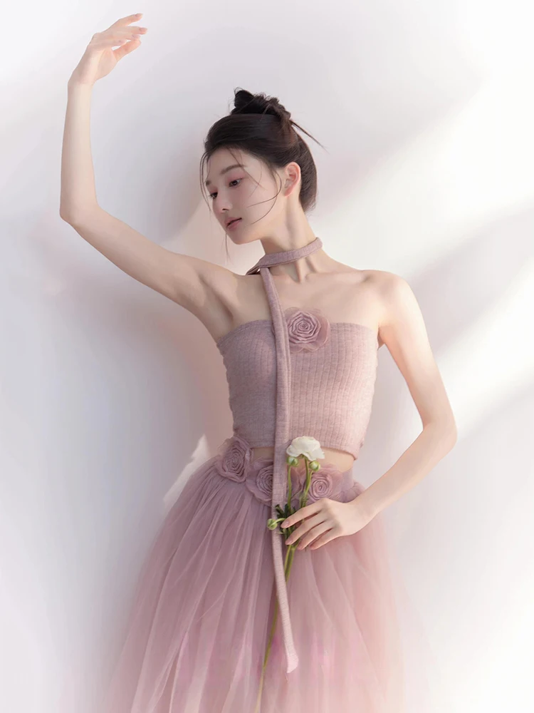 REDDACHiC Romantic Floral Pins Top Skirt Set Women Birthday Fairy Bandeau Elastic Waist Maxi Long Tulle Skirt Coquette Clothes